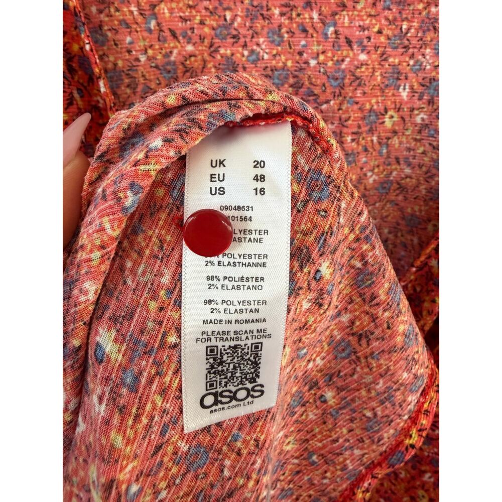 ASOS Floral Long Sleeve Midi Dress Red Orange Boho Size US 16 - Picture 6 of 8